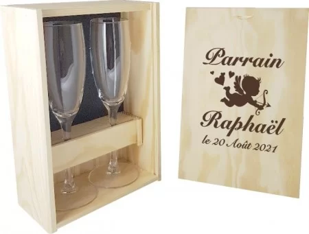 2 flûtes Parrain / Marraine avec coffret bois - Mod. Ange - Cadeau personnalise personnalisable - 1 2 flûtes Parrain / Marraine avec coffret bois - Mod. Ange - Cadeau personnalise personnalisable - 1