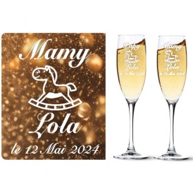 Une coupe à champagne pour Papy et Mamy avec un cheval à bascule, cadeau original.