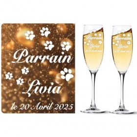 Le lion dans la Jungle a laissé ses empreintes sur ces deux sublimes flûtes à champagne pour Parrain et Marraine.