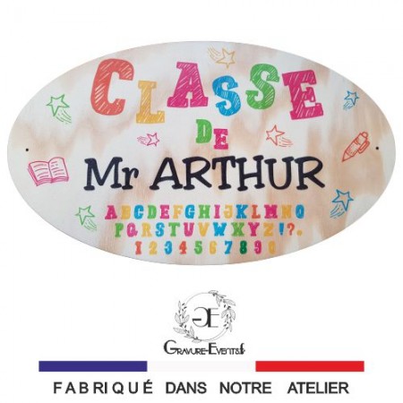 Une décoration de porte pour le maître de votre enfant personnalisée avec son nom , on ne manquera pas sa classe.