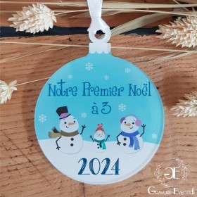 Boule noel notre premier noel a 3, décor bonhomme de neige , décoration de noël personnalisable