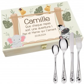 Couvert gravé dans leur coffret en bois. Décor Savane avec ses animaux de la Jungle.