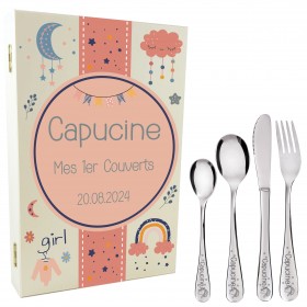 Coffret en bois avec couverts personnalisés pour un enfant, avec des nuages et un arc-en-ciel.