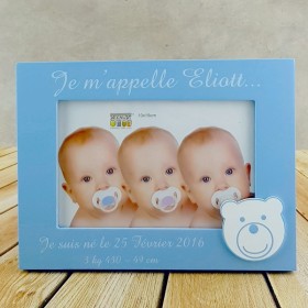 Cadre photo en bois Bleu, en souvenir d'une naissance, personnalisable avec prénom, date et poids.