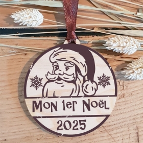 Petit rond de bois imprimé avec le Père Noël et l'année "Mon premier Noël", décoration à suspendre.