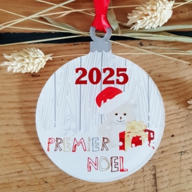 Ornement rond en plexiglas clair, inscription colorée "Premier Noël" et l'année .