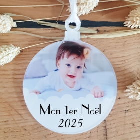 Décoration personnalisée en plexiglas imprimé avec photo et "Mon 1er Noël", souvenir unique.