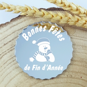 Sous-verre en miroir avec gravure Bonhomme de Neige, conception artisanale et fabrication française