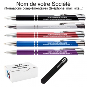 Stylo publicitaire personnalisé gravé en Normandie avec texte sur deux lignes et coloris au choix